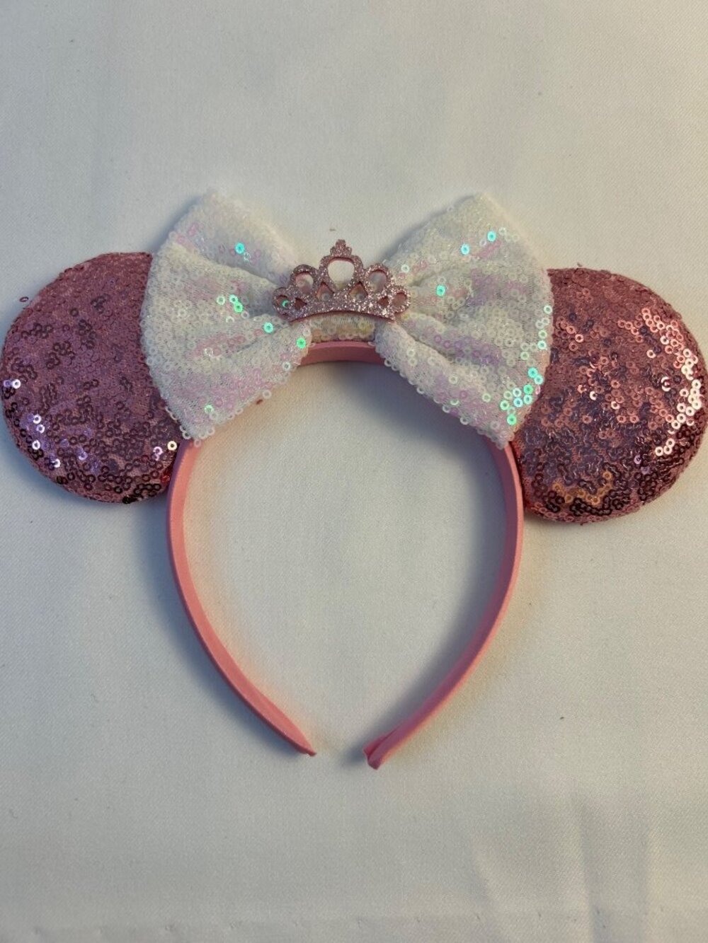 Fanvity Girls Pink Sequin AURORA Minnie Mouse Ears Headband White Bow & Crown